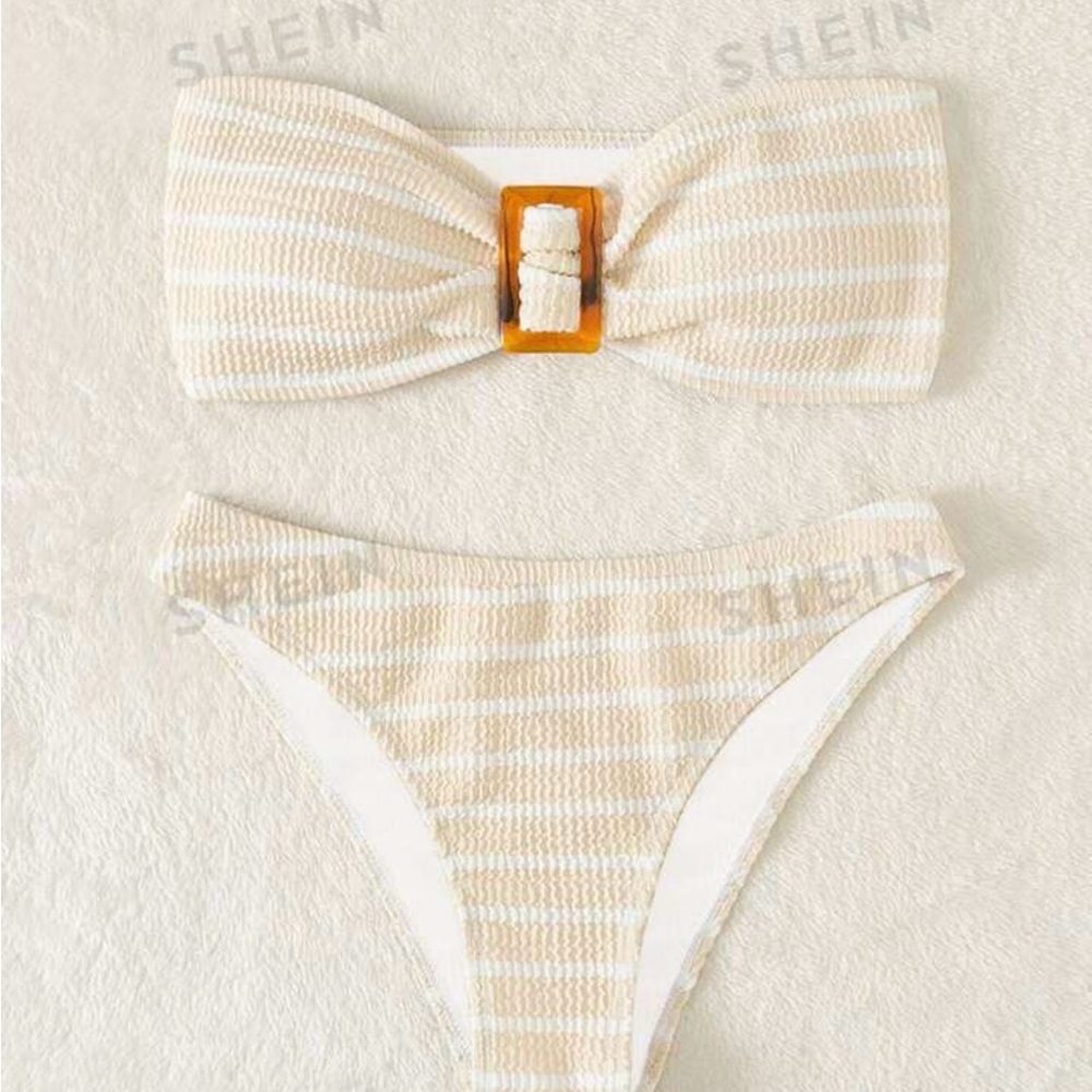 SHEIN striped textured bandeau bikini set